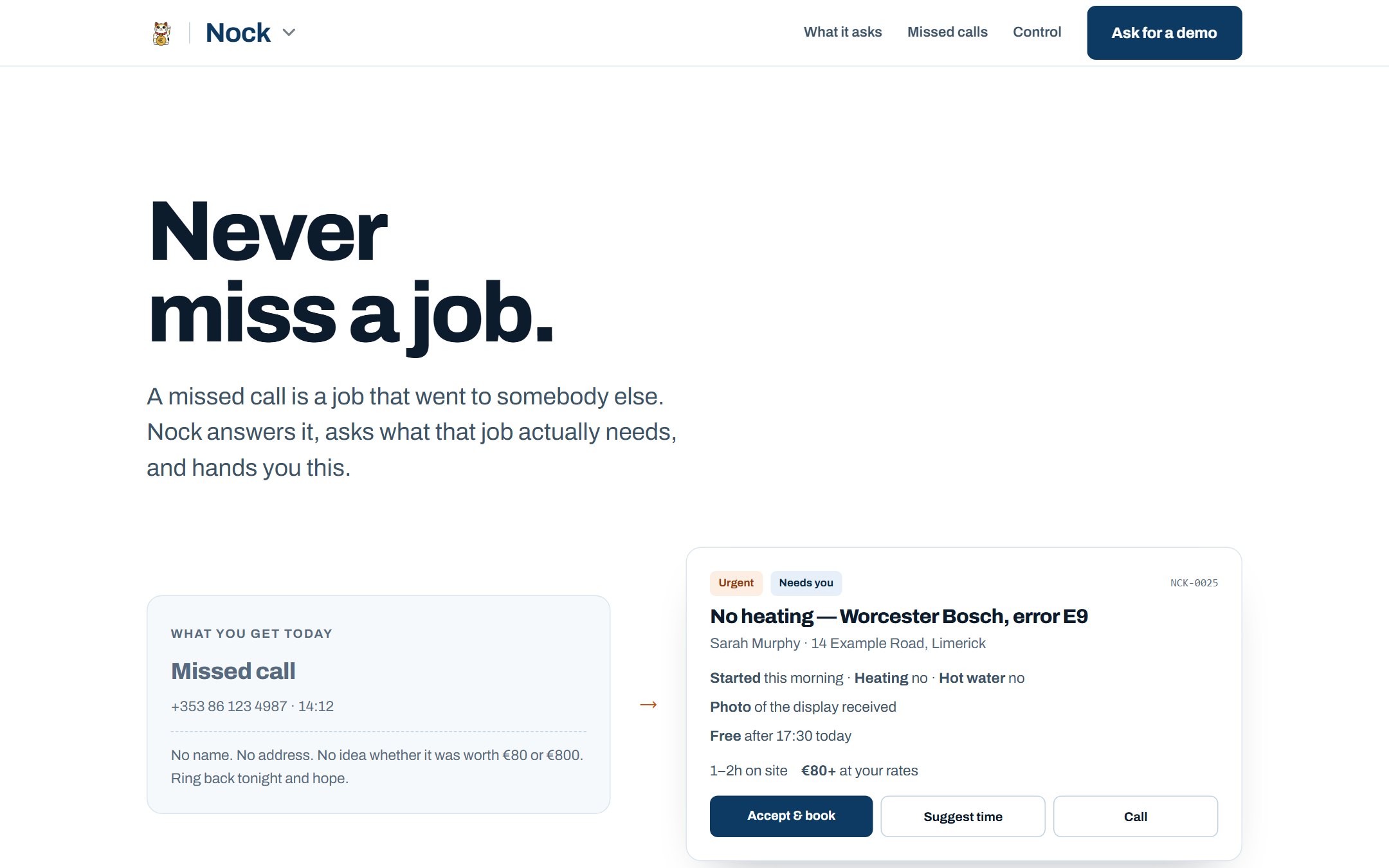 A page built for one trade: a missed call turned into a job card with the fault, the address and a button to accept it.
