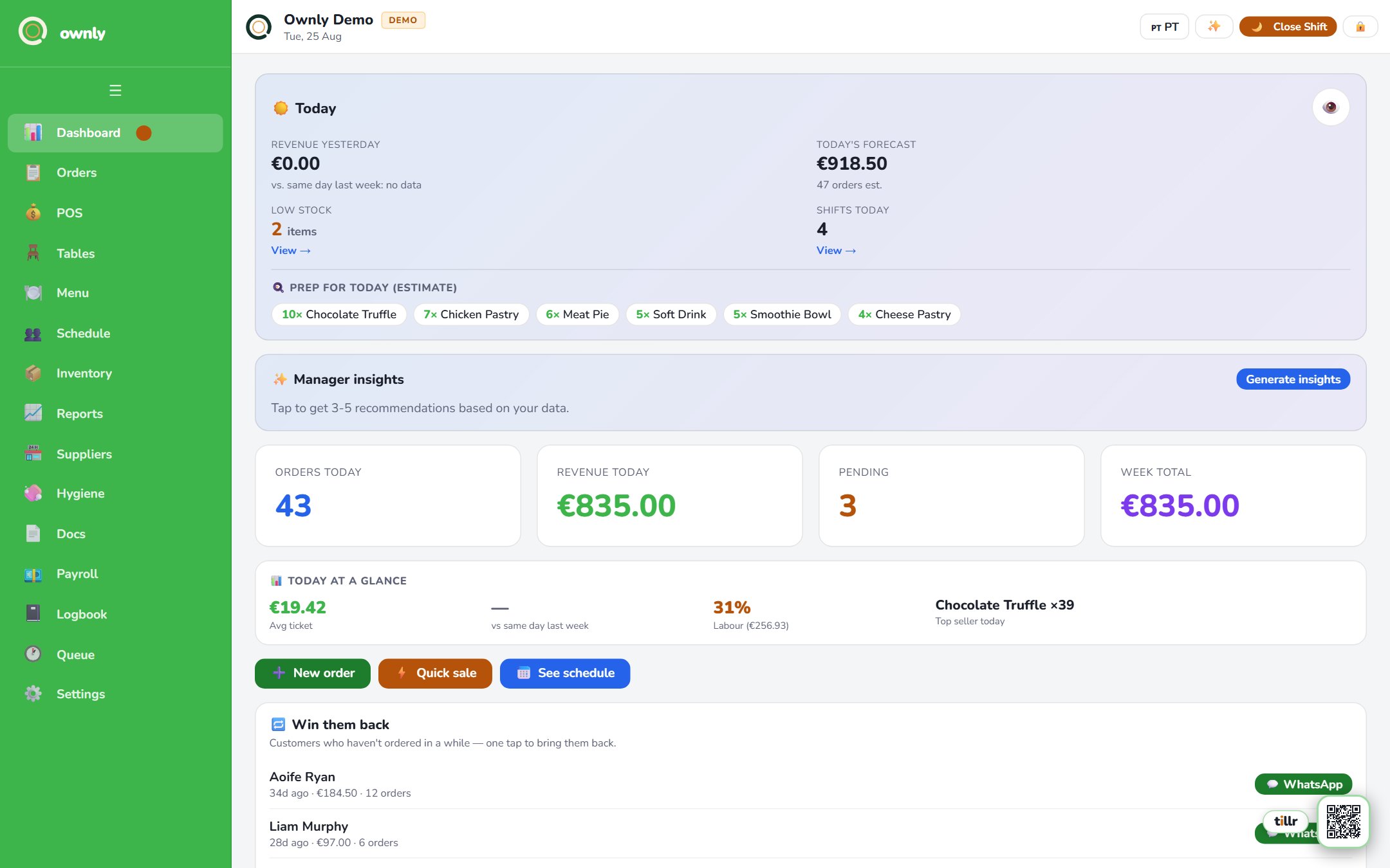 The ownly dashboard on a laptop screen: today's revenue, live orders, the prep list and staff shifts, all on one screen.