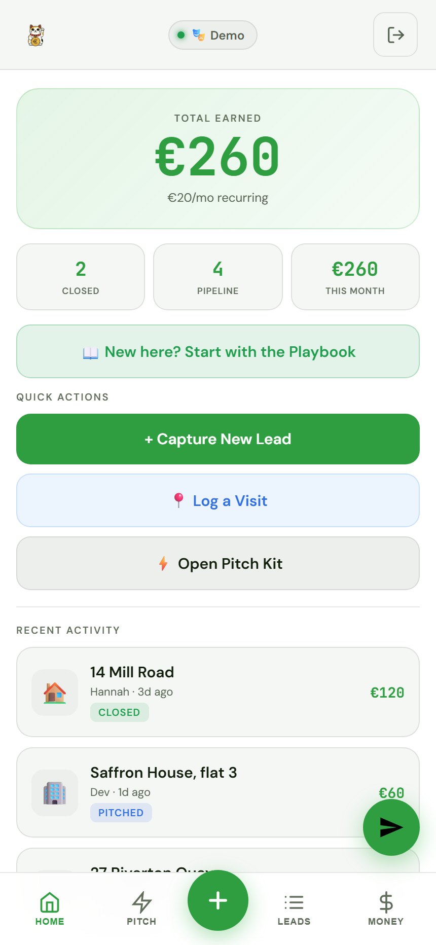 The same work on a phone: earnings so far, leads to visit and a button to log the next one.