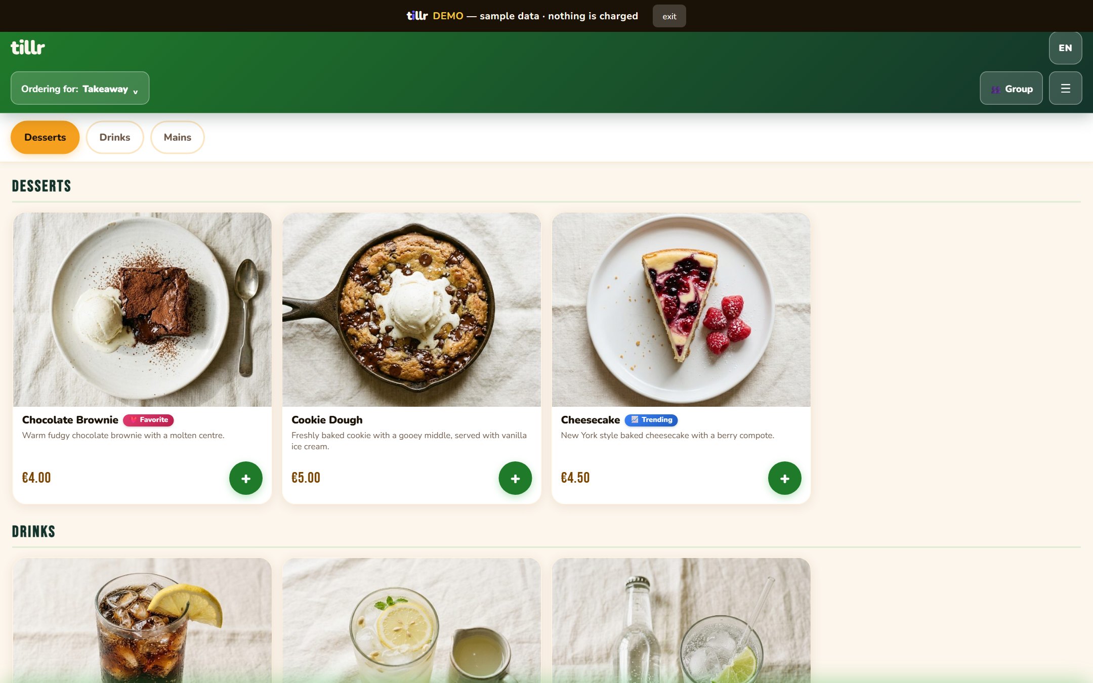 The tillr ordering app on a tablet: each dish with its photograph, description and price, and a button to add it.