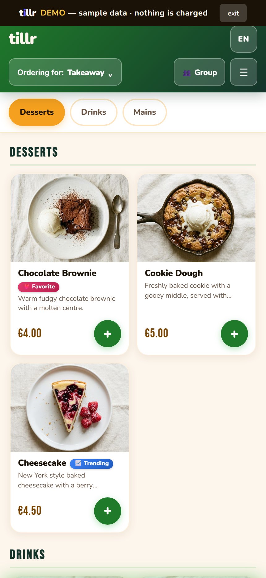 An ordering app running on a phone: menu photographs, prices and an add button.